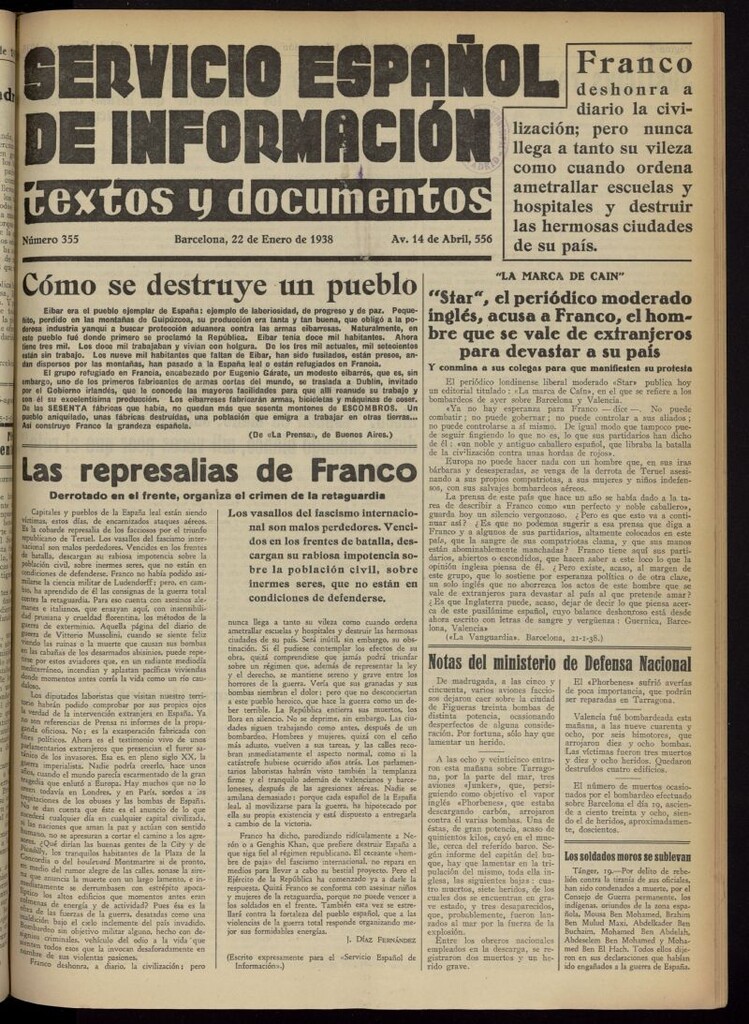 Miniatura de Servicio Español de Información : textos y documentos del 22 de enero de 1938, nº 355