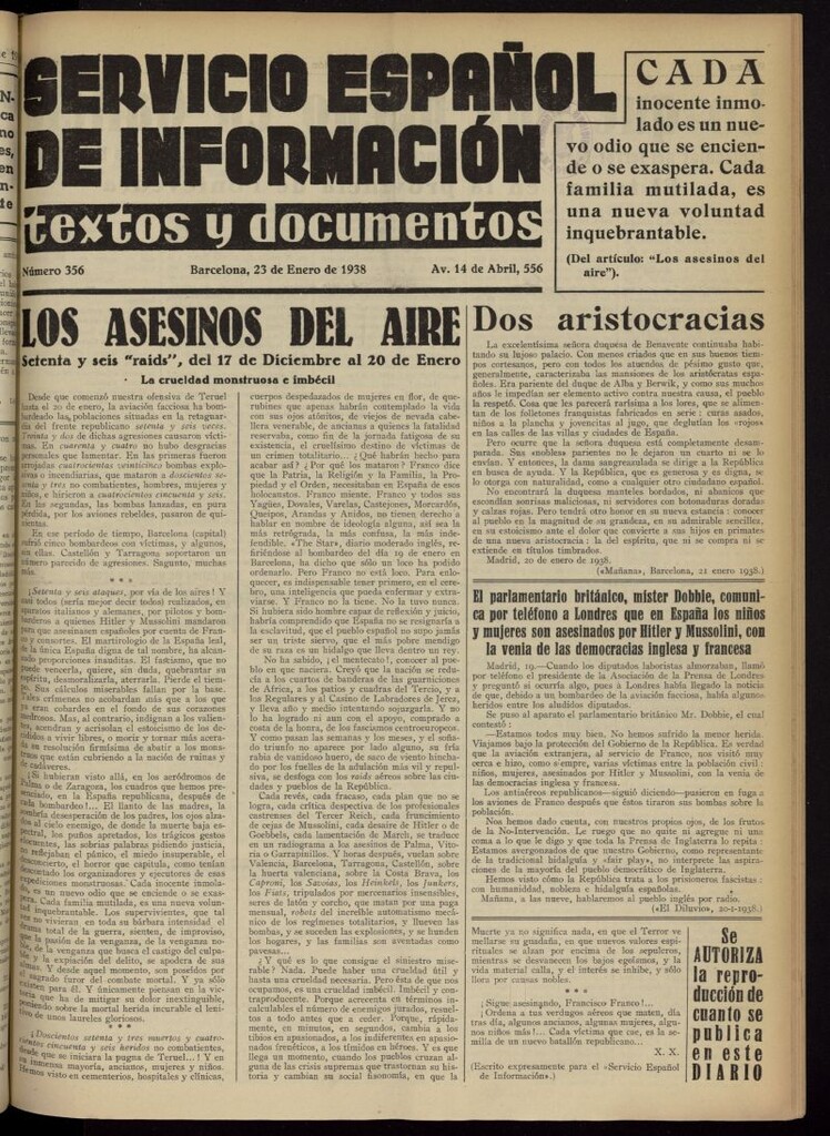 Miniatura de Servicio Español de Información : textos y documentos del 23 de enero de 1938, nº 356