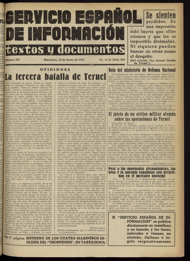 Miniatura de Servicio Español de Información : textos y documentos del 24 de enero de 1938, nº 357