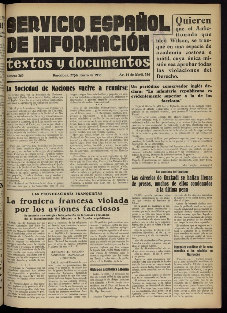 Miniatura de Servicio Español de Información : textos y documentos del 27 de enero de 1938, nº 360