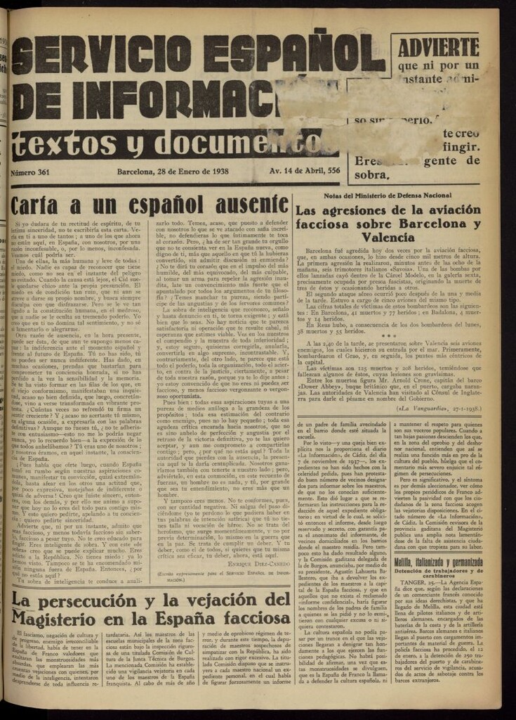 Miniatura de Servicio Español de Información : textos y documentos del 28 de enero de 1938, nº 361