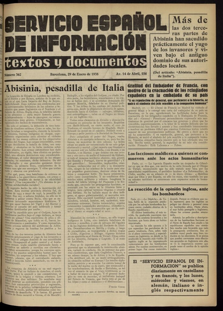 Miniatura de Servicio Español de Información : textos y documentos del 29 de enero de 1938, nº 362