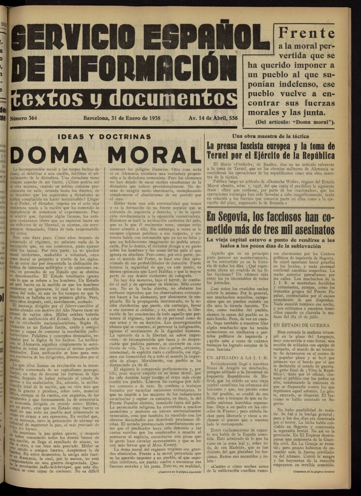 Miniatura de Servicio Español de Información : textos y documentos del 31 de enero de 1938, nº 364