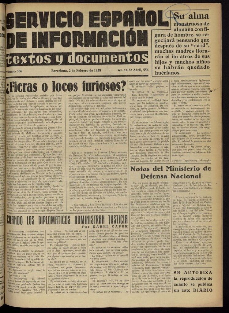 Miniatura de Servicio Español de Información : textos y documentos del 2 de febrero de 1938, nº 366
