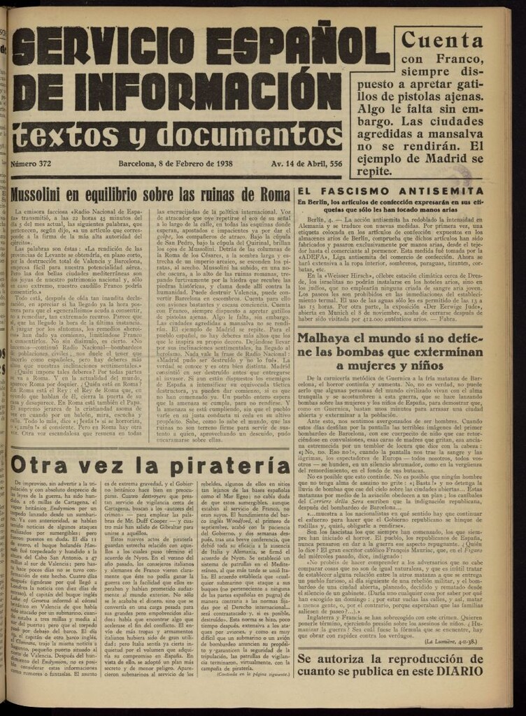 Miniatura de Servicio Español de Información : textos y documentos del 8 de febrero de 1938, nº 372