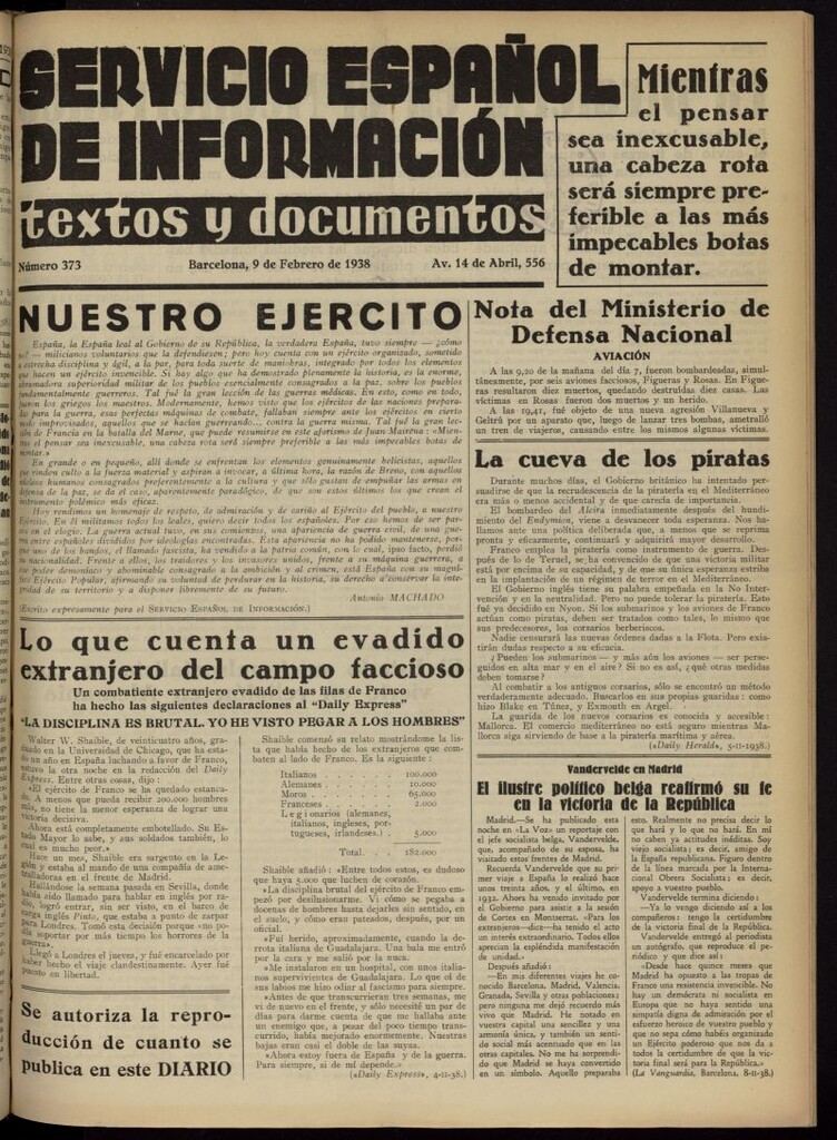 Miniatura de Servicio Español de Información : textos y documentos del 9 de febrero de 1938, nº 373