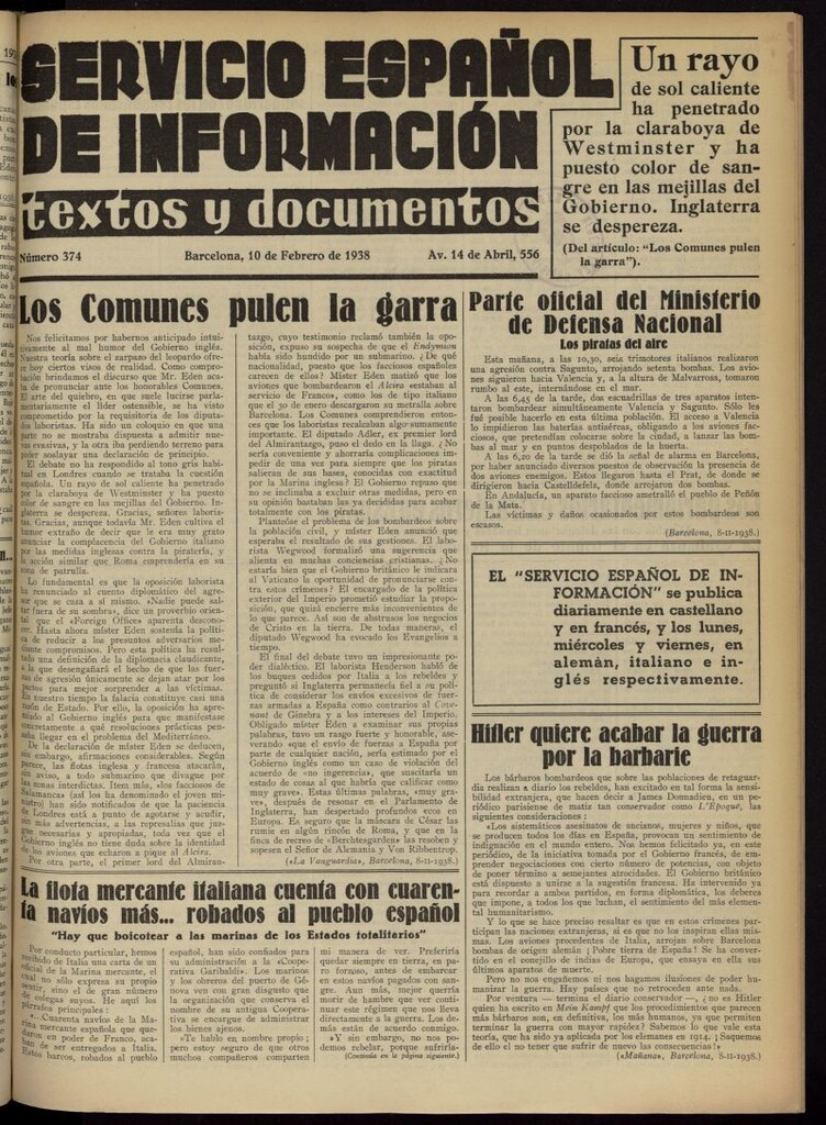 Miniatura de Servicio Español de Información : textos y documentos del 10 de febrero de 1938, nº 374