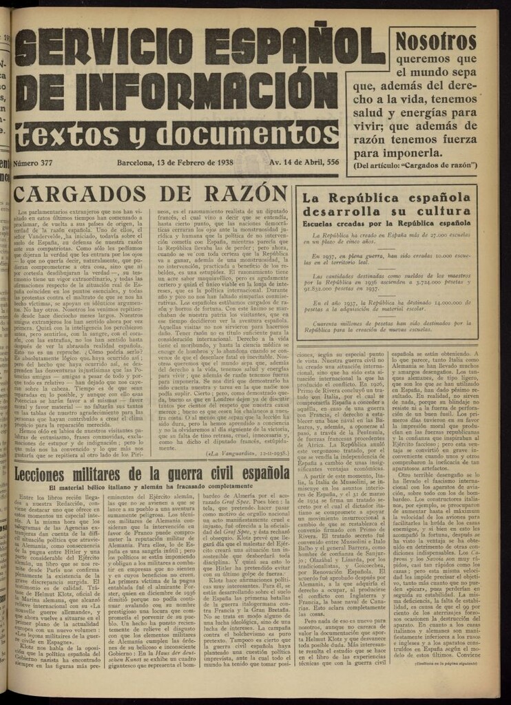 Miniatura de Servicio Español de Información : textos y documentos del 13 de febrero de 1938, nº 377