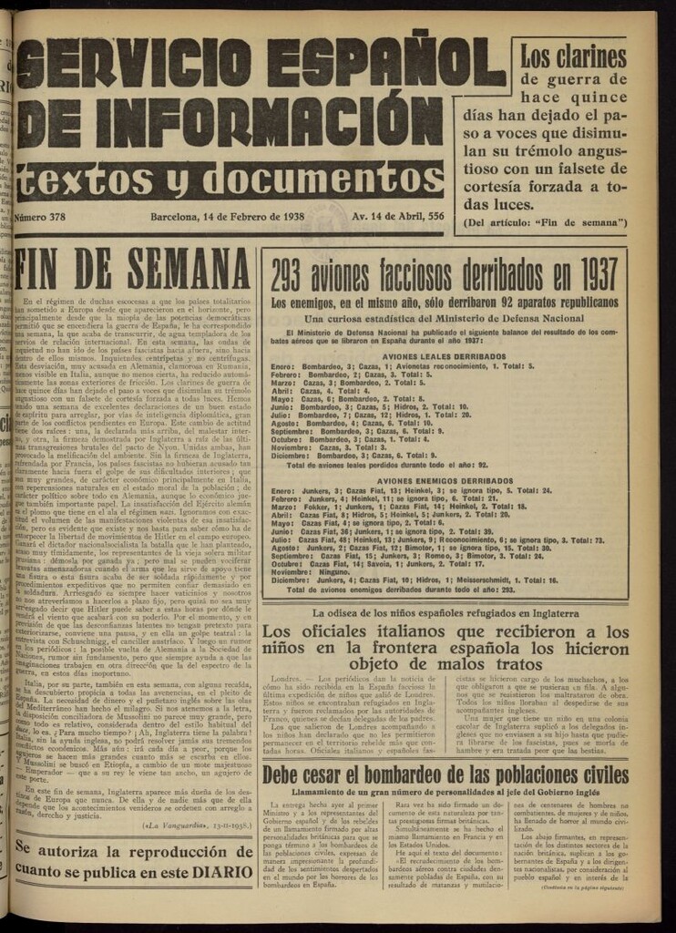 Miniatura de Servicio Español de Información : textos y documentos del 14 de febrero de 1938, nº 378