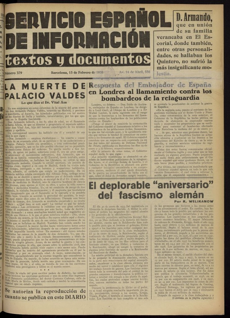 Miniatura de Servicio Español de Información : textos y documentos del 15 de febrero de 1938, nº 379