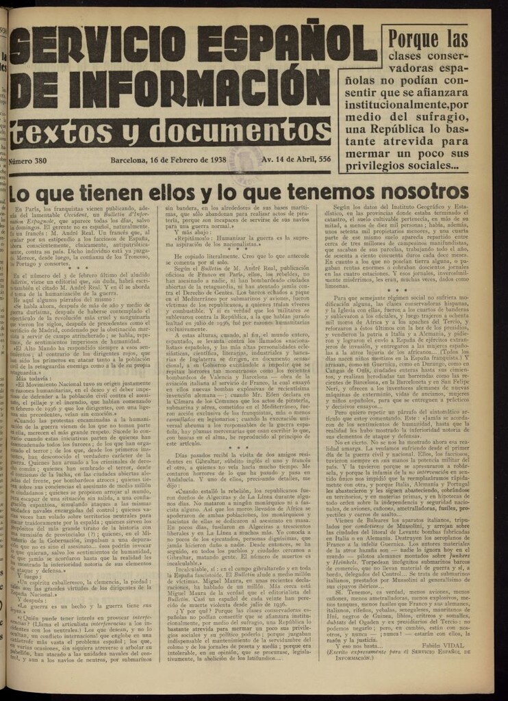 Miniatura de Servicio Español de Información : textos y documentos del 16 de febrero de 1938, nº 380