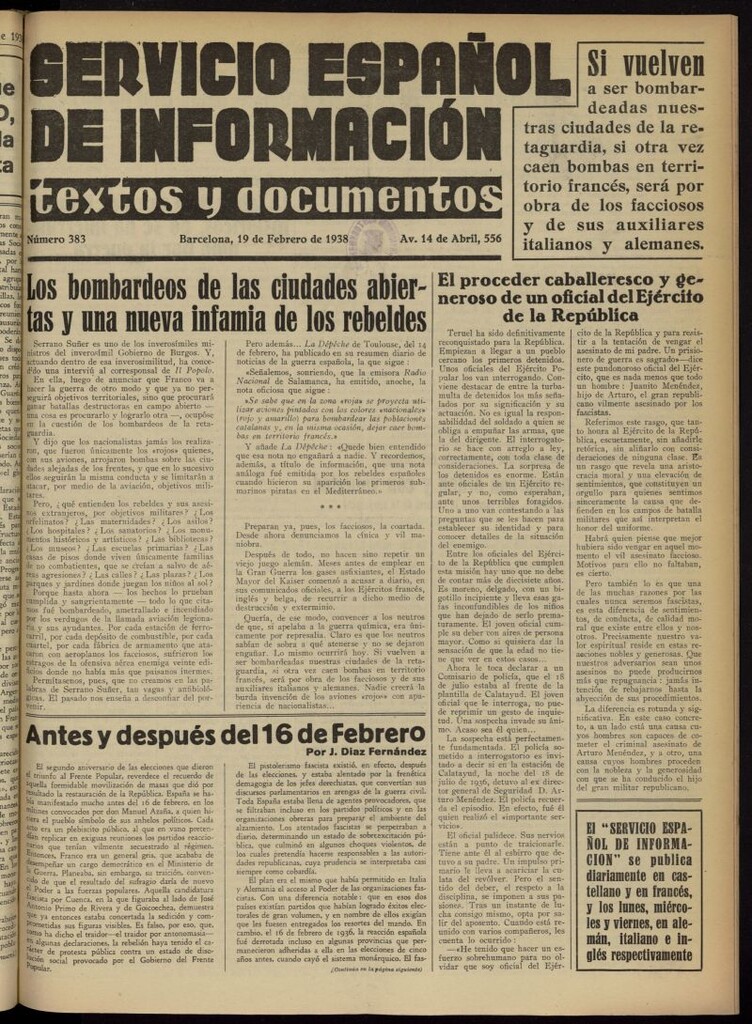 Miniatura de Servicio Español de Información : textos y documentos del 19 de febrero de 1938, nº 383