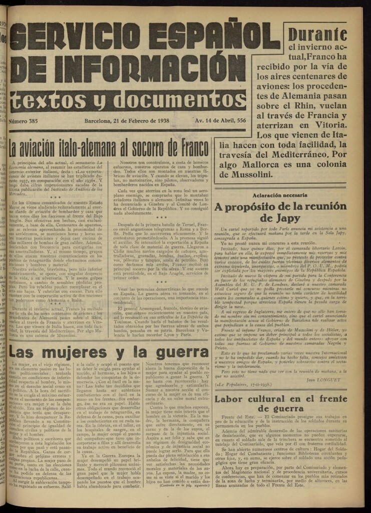 Miniatura de Servicio Español de Información : textos y documentos del 21 de febrero de 1938, nº 385