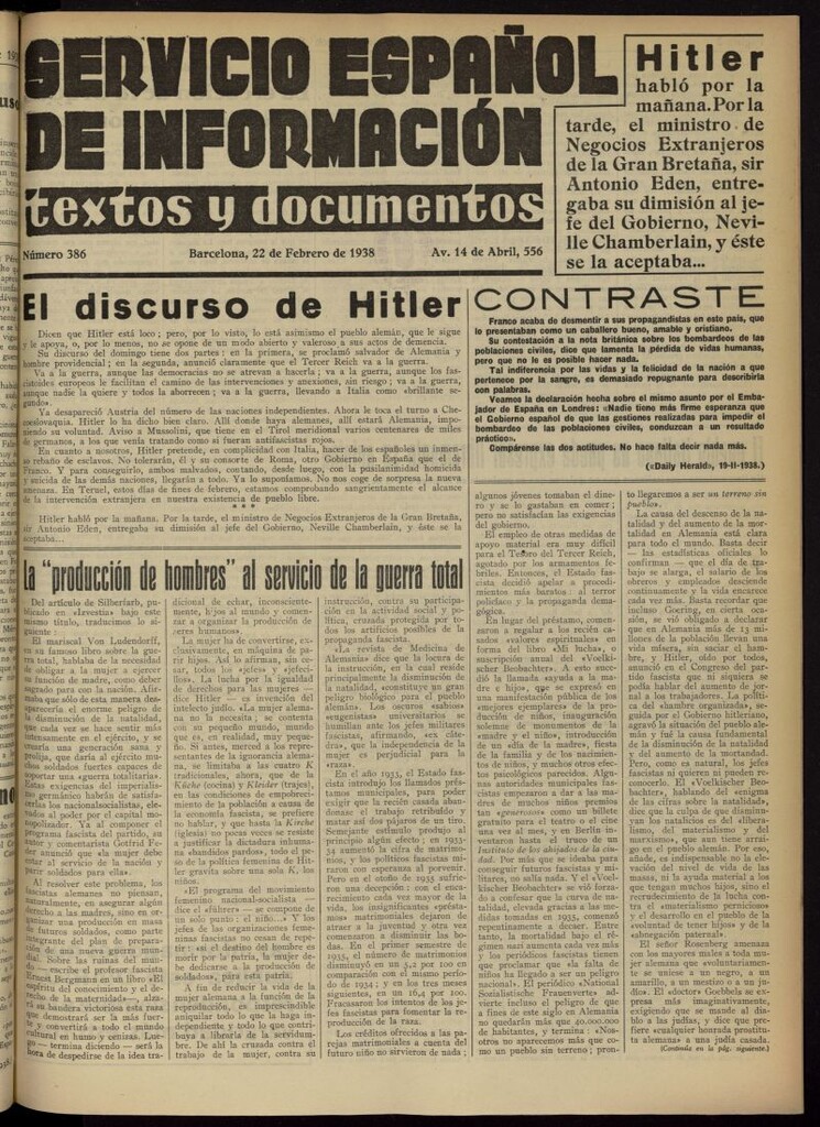 Miniatura de Servicio Español de Información : textos y documentos del 22 de febrero de 1938, nº 386