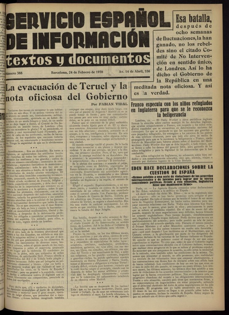 Miniatura de Servicio Español de Información : textos y documentos del 24 de febrero de 1938, nº 388
