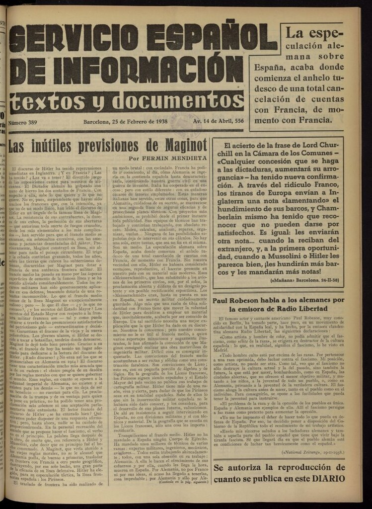 Miniatura de Servicio Español de Información : textos y documentos del 25 de febrero de 1938, nº 389