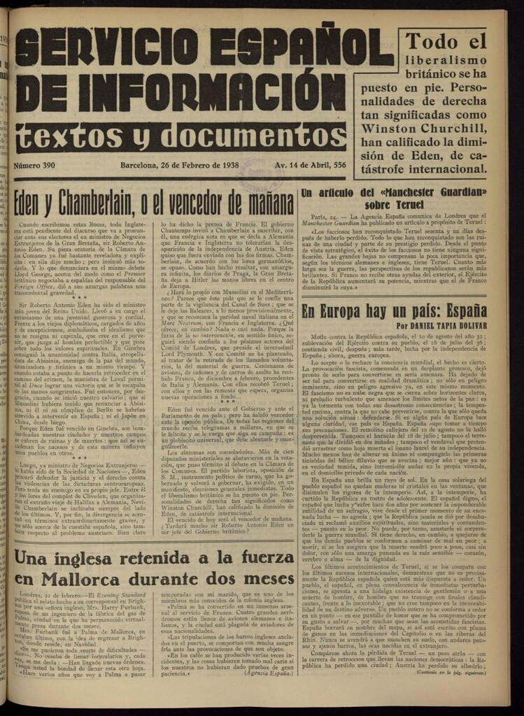 Miniatura de Servicio Español de Información : textos y documentos del 26 de febrero de 1938, nº 390