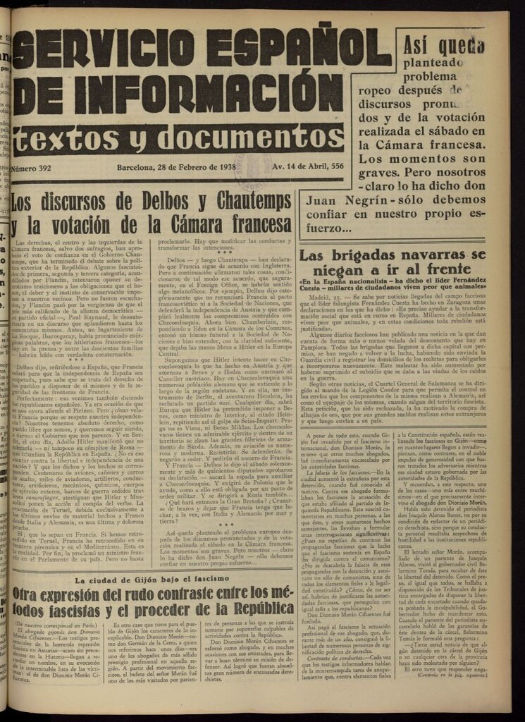 Miniatura de Servicio Español de Información : textos y documentos del 28 de febrero de 1938, nº 392