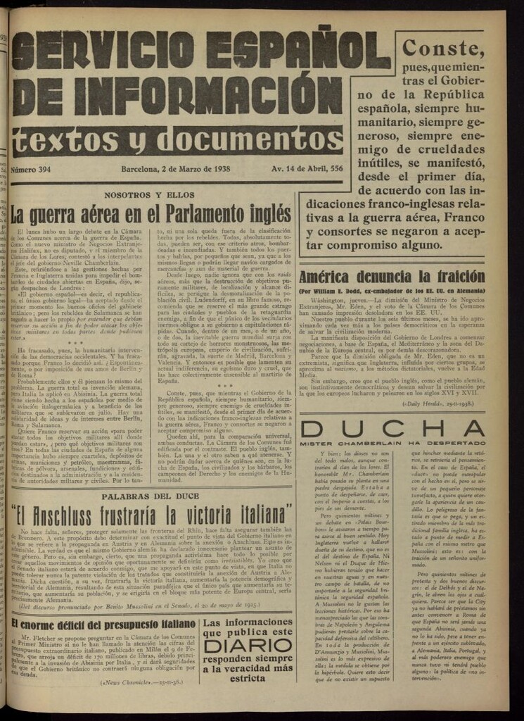 Miniatura de Servicio Español de Información : textos y documentos del 2 de marzo de 1938, nº 394