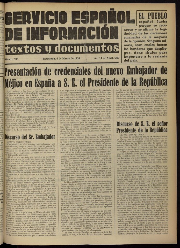 Miniatura de Servicio Español de Información : textos y documentos del 6 de marzo de 1938, nº 398