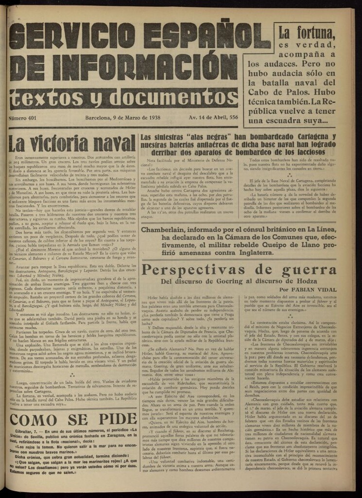 Miniatura de Servicio Español de Información : textos y documentos del 9 de marzo de 1938, nº 401