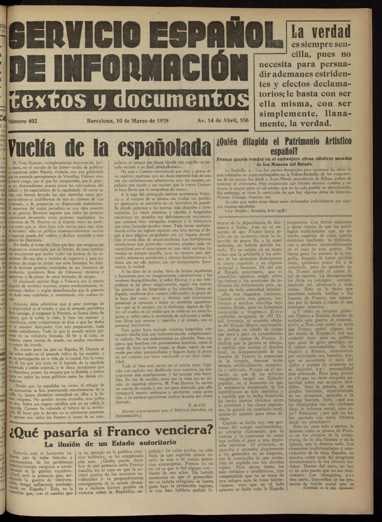 Miniatura de Servicio Español de Información : textos y documentos del 10 de marzo de 1938, nº 402