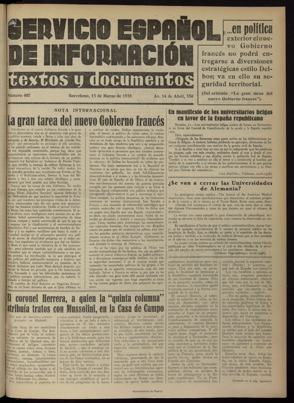 Miniatura de Servicio Español de Información : textos y documentos del 15 de marzo de 1938, nº 407