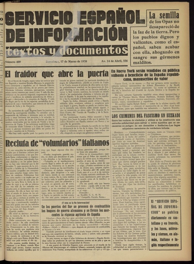 Miniatura de Servicio Español de Información : textos y documentos del 17 de marzo de 1938, nº 409
