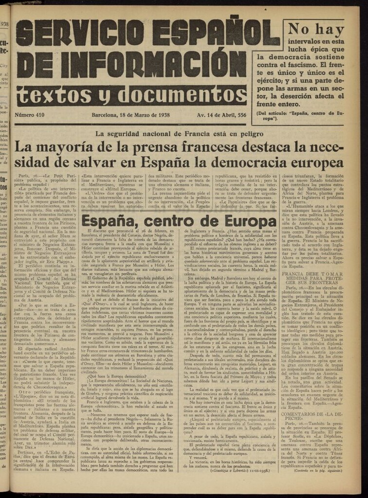 Miniatura de Servicio Español de Información : textos y documentos del 18 de marzo de 1938, nº 410