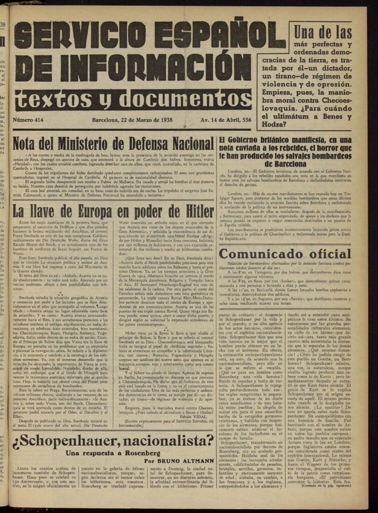 Miniatura de Servicio Español de Información : textos y documentos del 22 de marzo de 1938, nº 414