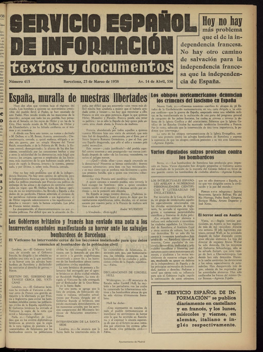 Miniatura de Servicio Español de Información : textos y documentos del 23 de marzo de 1938, nº 415