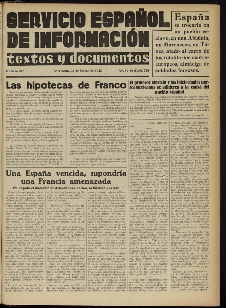 Miniatura de Servicio Español de Información : textos y documentos del 24 de marzo de 1938, nº 416