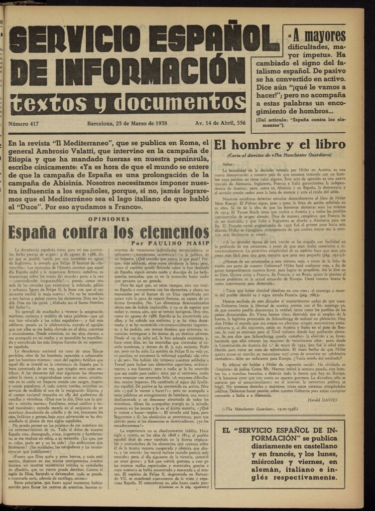 Miniatura de Servicio Español de Información : textos y documentos del 25 de marzo de 1938, nº 417