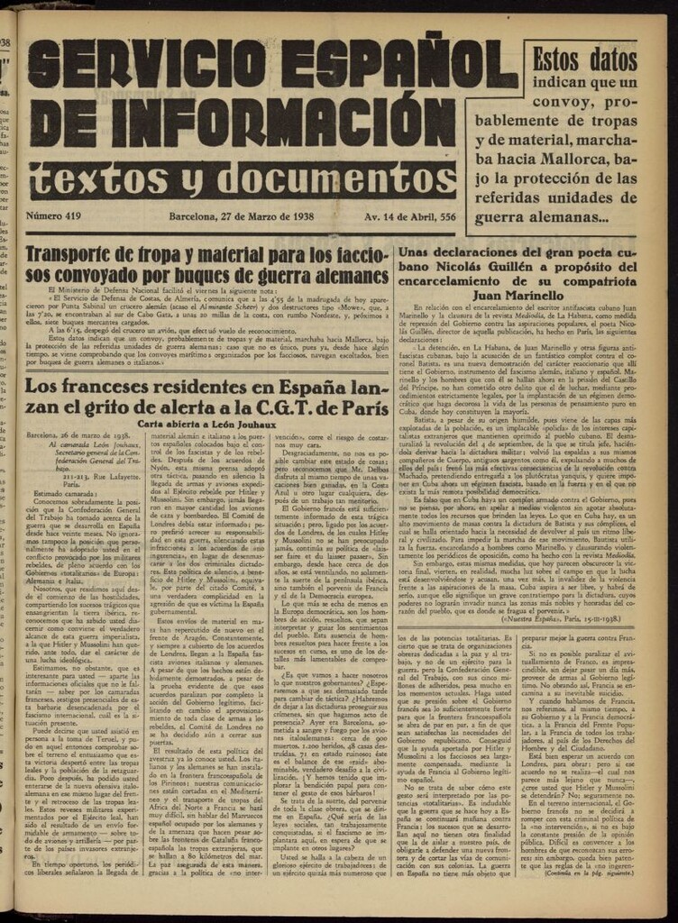 Miniatura de Servicio Español de Información : textos y documentos del 27 de marzo de 1938, nº 419