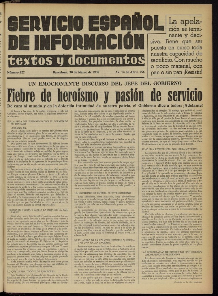 Miniatura de Servicio Español de Información : textos y documentos del 30 de marzo de 1938, nº 422