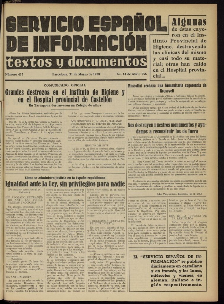 Miniatura de Servicio Español de Información : textos y documentos del 31 de marzo de 1938, nº 423