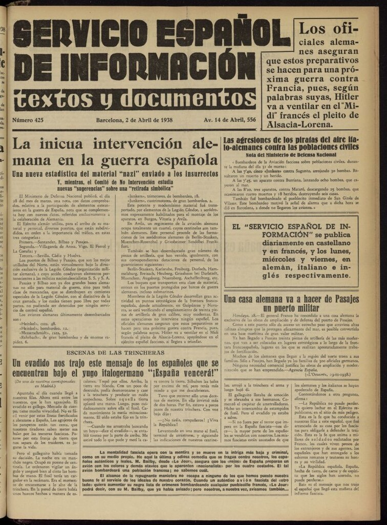 Miniatura de Servicio Español de Información : textos y documentos del 2 de abril de 1938, nº 425