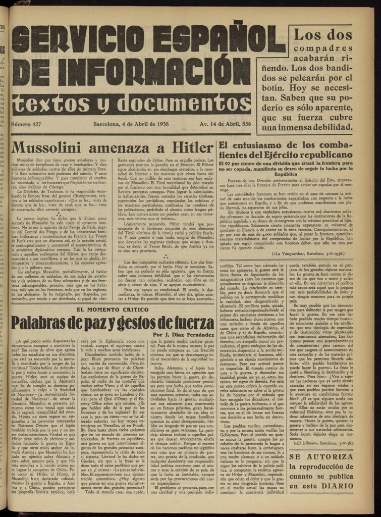 Miniatura de Servicio Español de Información : textos y documentos del 4 de abril de 1938, nº 427
