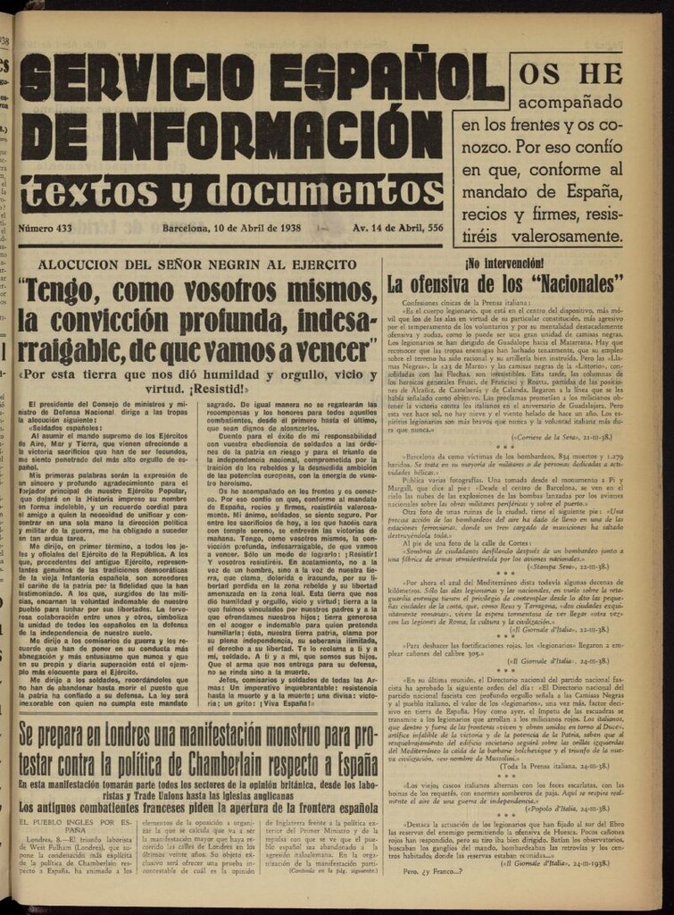 Miniatura de Servicio Español de Información : textos y documentos del 10 de abril de 1938, nº 433