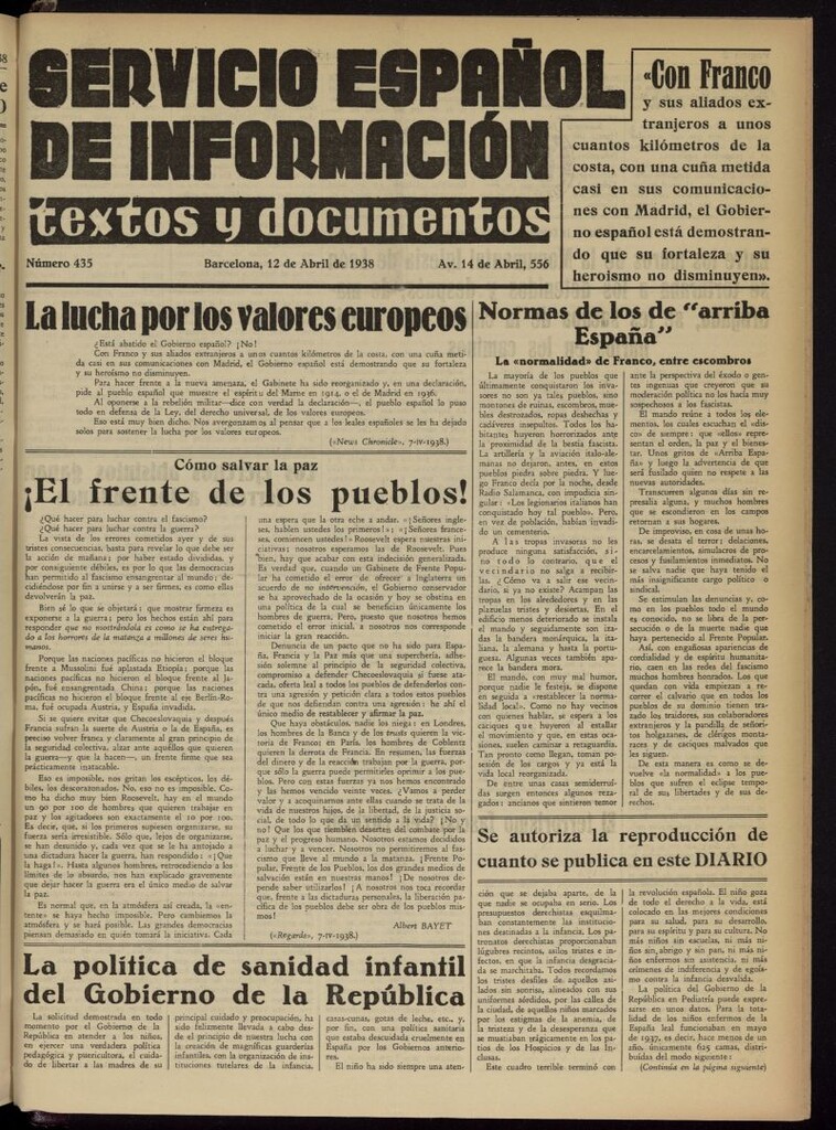 Miniatura de Servicio Español de Información : textos y documentos del 12 de abril de 1938, nº 435