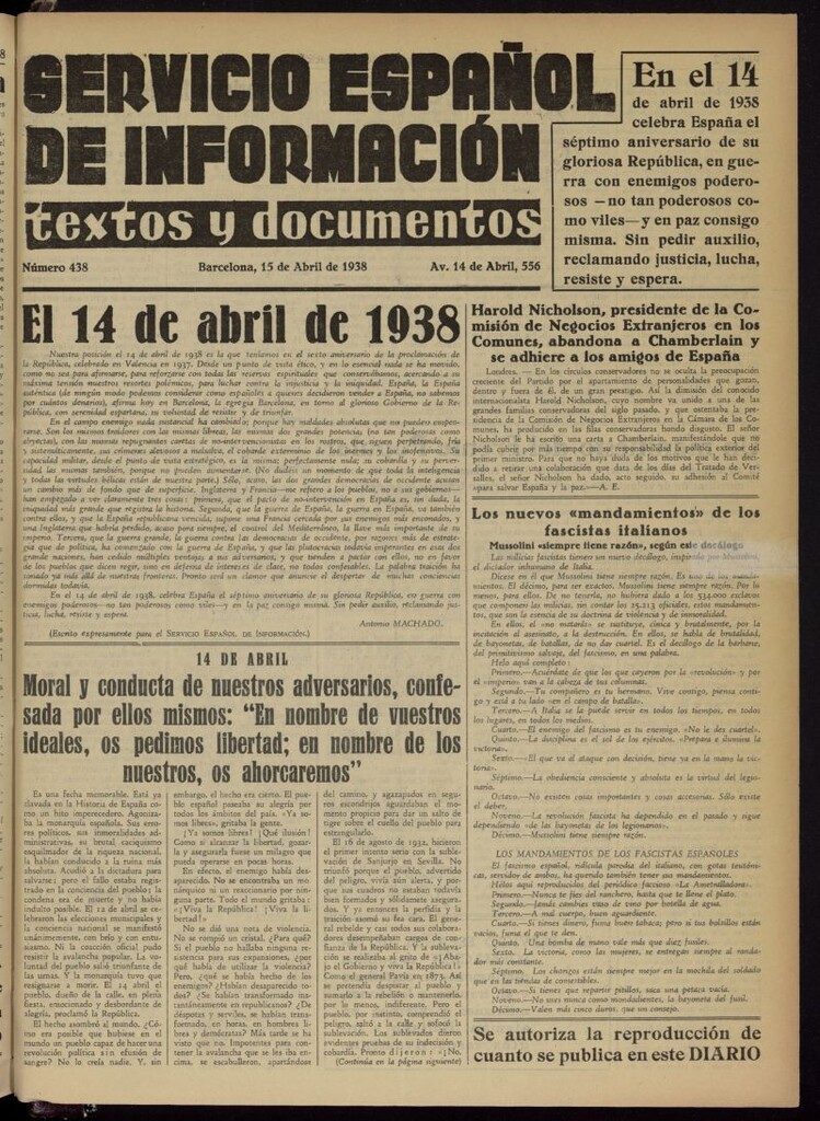 Miniatura de Servicio Español de Información : textos y documentos del 15 de abril de 1938, nº 438