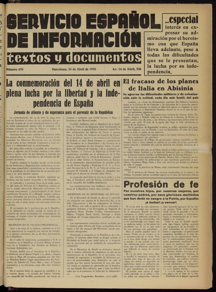 Miniatura de Servicio Español de Información : textos y documentos del 16 de abril de 1938, nº 439