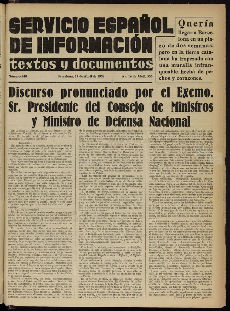 Miniatura de Servicio Español de Información : textos y documentos del 17 de abril de 1938, nº 440