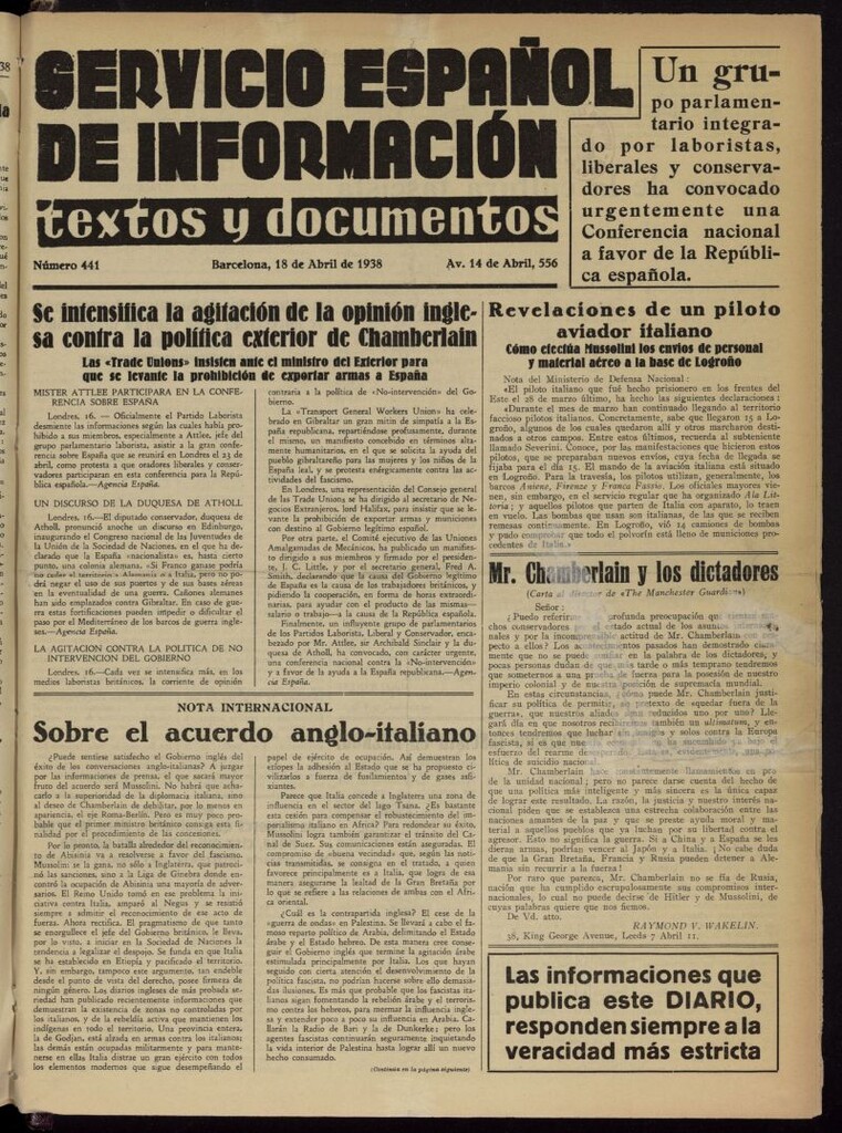 Miniatura de Servicio Español de Información : textos y documentos del 18 de abril de 1938, nº 441