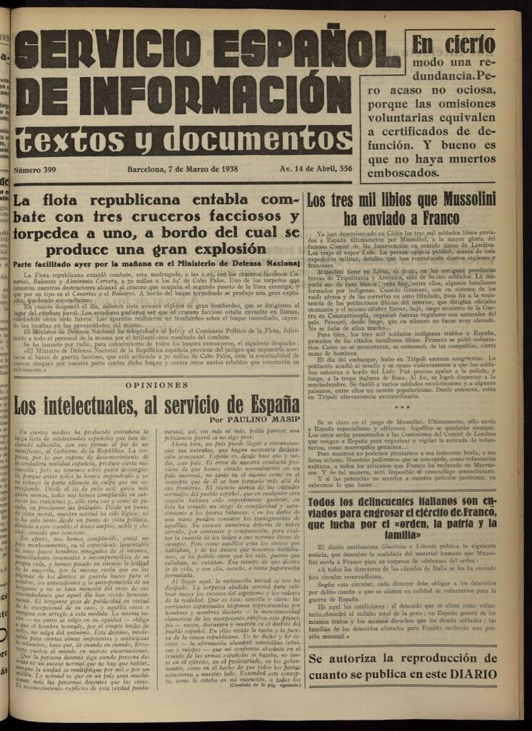 Miniatura de Servicio Español de Información : textos y documentos del 7 de marzo de 1938, nº 399