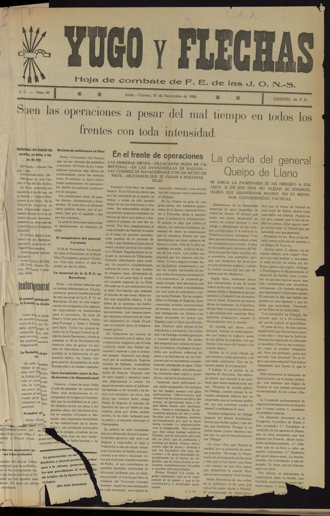 Miniatura de Yugo y flechas : hoja de combate de F.E. de las J.O.N.S. del 27 de noviembre de 1936, nº 88