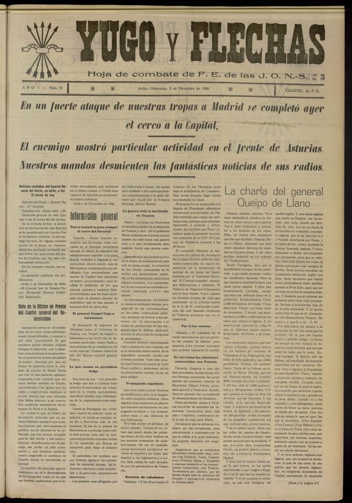 Miniatura de Yugo y flechas : hoja de combate de F.E. de las J.O.N.S. del 2 de diciembre de 1936, nº 92