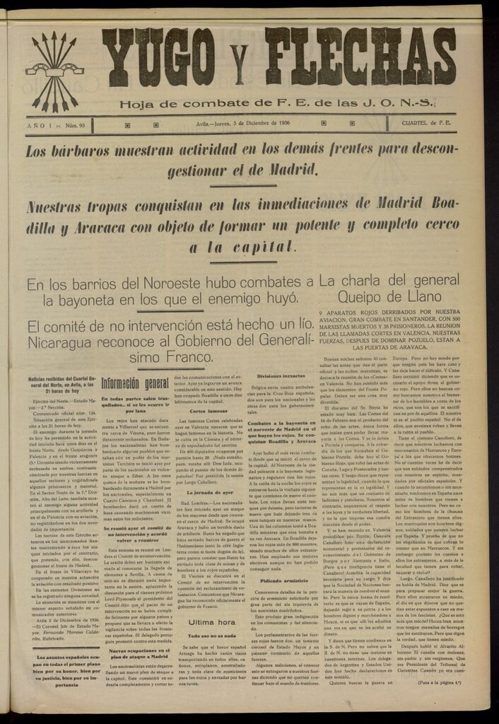 Miniatura de Yugo y flechas : hoja de combate de F.E. de las J.O.N.S. del 3 de diciembre de 1936, nº 93