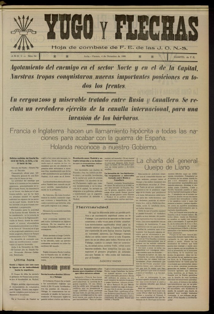 Miniatura de Yugo y flechas : hoja de combate de F.E. de las J.O.N.S. del 4 de diciembre de 1936, nº 94