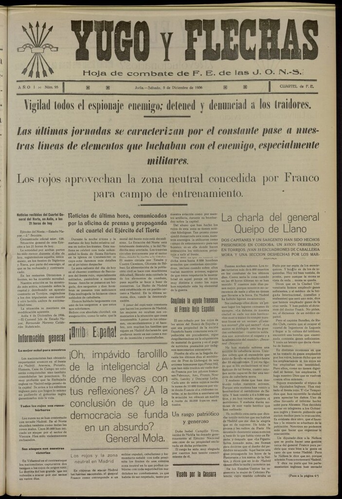 Miniatura de Yugo y flechas : hoja de combate de F.E. de las J.O.N.S. del 5 de diciembre de 1936, nº 95
